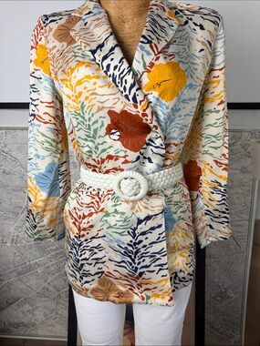 CAROLINA K  Tropical Floral Print Blazer in Cream with Multicolor Leaves Size XS